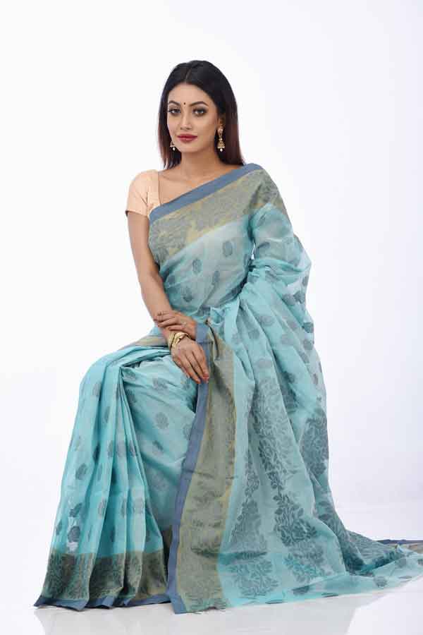 Handloom Off White & Sky Blue soft Cotton Jamdani Saree