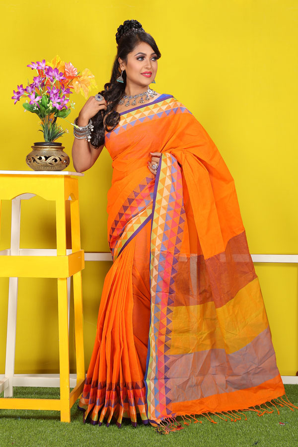 Orange Color Silk Cotton Saree with Rich Zari Pallu – BharatSthali