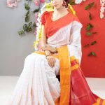 White and Red  Half  Silk  Saree