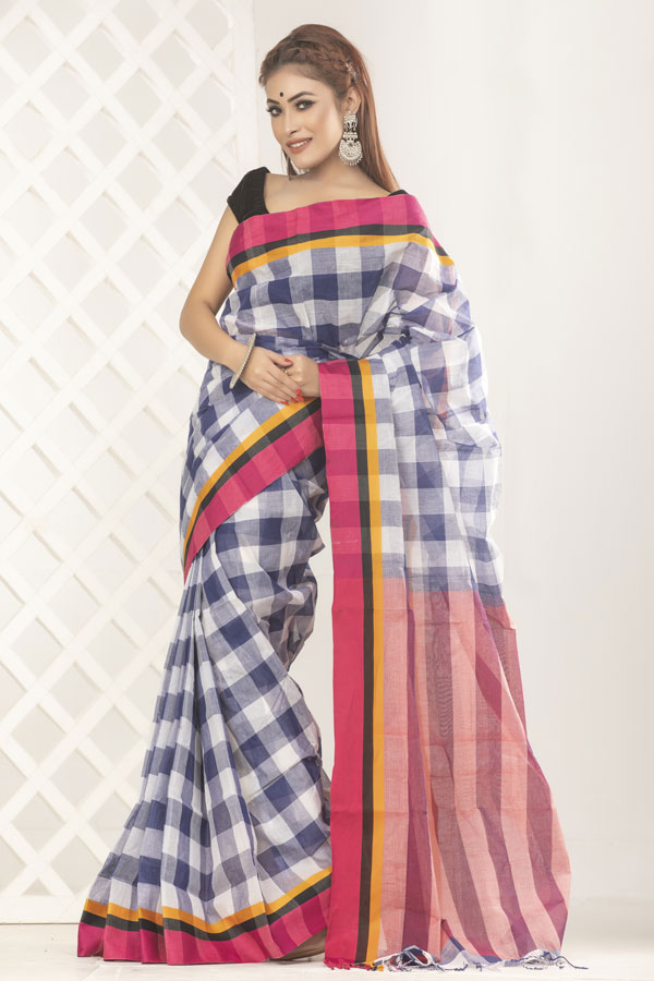 Black & White Checked & Striped Saree Set