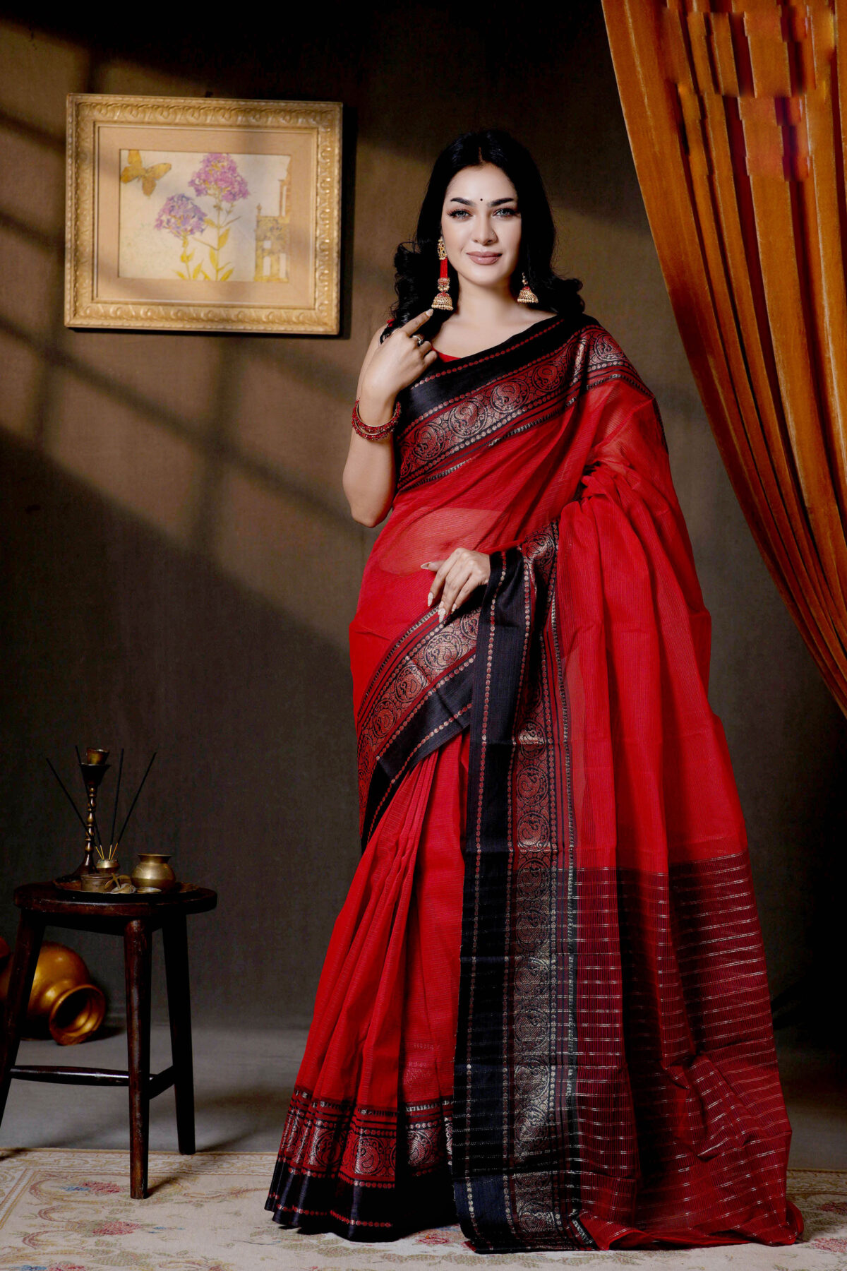 Red Tangail Handwoven Cotton Saree with Cotton Body Work - Image 2