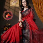 Red Tangail Handwoven Cotton Saree with Cotton Body Work