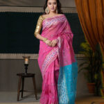 Pink Tangail Handwoven Half Silk Saree with Cotton Body Work